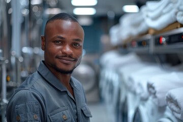 Fototapeta premium The Creole attendant meticulously folds the sheets. He smiled, satisfied with his role. Behind him he could see a large washing machine. In the laundry room of a luxury 5-star hotel