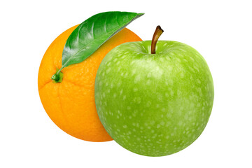 Apple and orange on isolated white background.