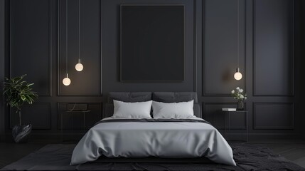 Mockup Poster in Bedroom Interior - Dark Room - 3D Rendering