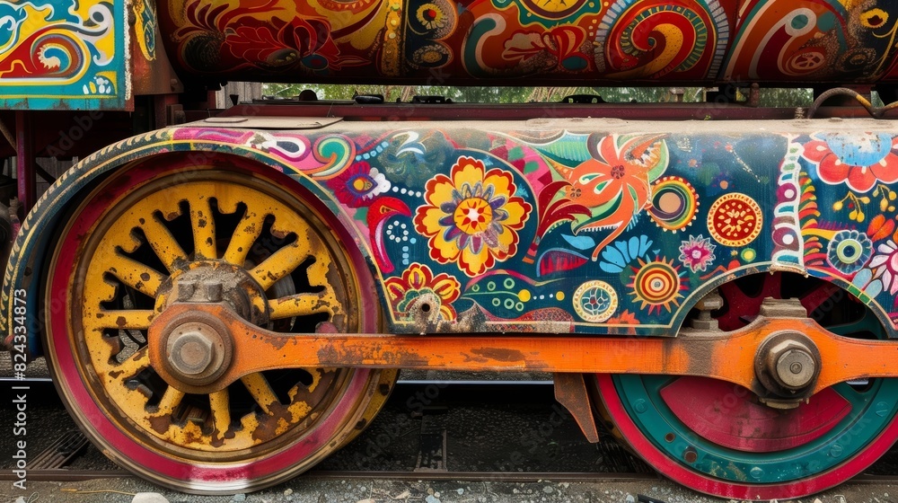 Poster a brightlycolored steam roller adorned with retro decals draws the attention of passersby with its u