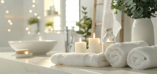 White bathroom spa, Luxury towels and aromatherapy, Zen therapy setting, Relaxation massage candles, Wellness beauty