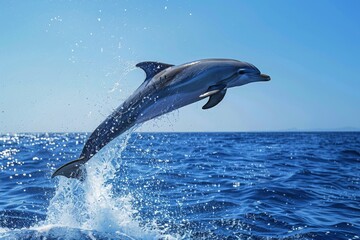 Fototapeta premium A graceful dolphin leaps out of the ocean, water droplets sparkling around it, against a clear blue sky, showcasing the beauty and agility of marine life