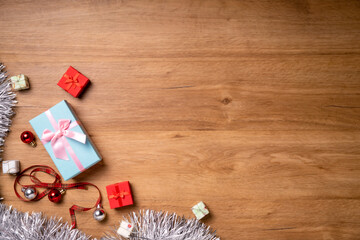 Happy birthday, gift box on table. colorful gifts box, for birthday, party, wedding or promotion banners or posters, postcard congratulation copy space on wooden boards. Beautiful birthday card.