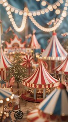 A carnival scene with a red and white tent and a carousel generated by AI
