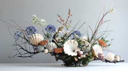 An ikebana composition blending wildflowers and seashells, evoking a coastal theme