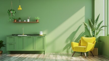 Green Kitchen with Minimalist Interior Design and Yellow Armchair - 3D Rendering