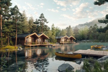 A cabin is surrounded by trees and a lake generated by AI