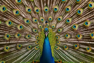Fototapeta premium A peacock displays its magnificent tail feathers in a full fan, vibrant colors standing out against a simple backdrop