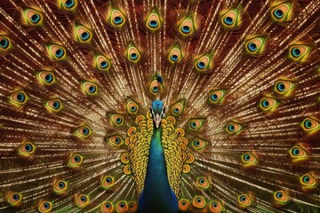 Obraz premium A peacock displays its magnificent tail feathers in a full fan, vibrant colors standing out against a simple backdrop
