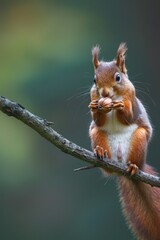 A curious squirrel holds an acorn in its tiny paws, standing upright on a branch, isolated on a plain background