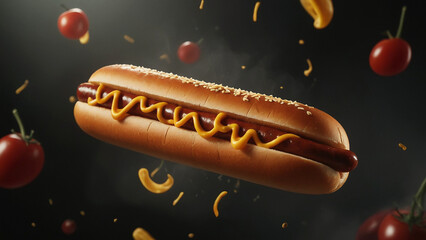 Hotdog bun and its components float and fly through the air. Set against a dramatic, smoky background