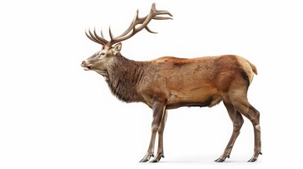 A majestic stag stands tall with antlers raised, breathing in the crisp air of the forest, isolated on a white background