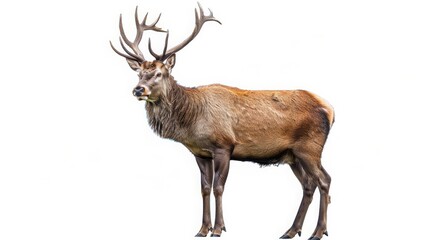 A majestic stag stands tall with antlers raised, breathing in the crisp air of the forest, isolated on a white background