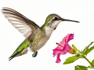 Fototapeta premium A hummingbird hovers near a flower, wings a blur of motion, isolated on a white background