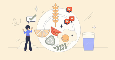 Healthy eating habits with nutritious food tiny person neubrutalism concept. Preparing balanced meal with wholegrain, vegetables, eggs and fresh ingredients vector illustration. Weight control.