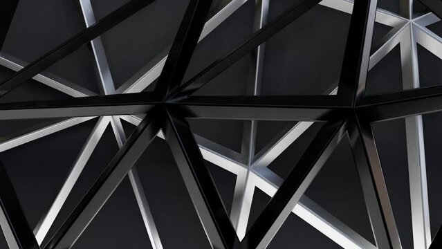 Intricate abstract geometric structure with black and silver lines forming a complex pattern, creating a modern and industrial design.