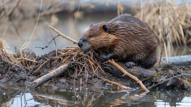A beaver builds a dam, working diligently with sticks in its mouth, isolated on a plain background