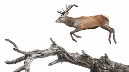Fototapeta premium A majestic stag leaps over a fallen tree, muscles tensed in mid-air, isolated on a white background