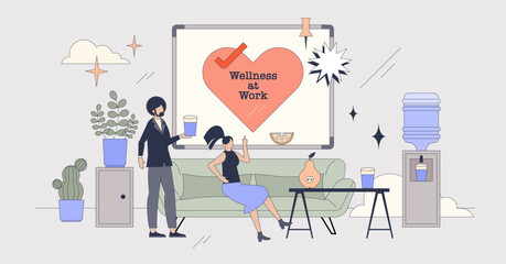 Employee wellness programs for wellbeing tiny person neubrutalism concept. Work space environment for colleague stress relief vector illustration. Efficiency or productivity boost with cool workplace
