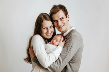Fototapeta premium A young couple holding their newborn baby, both parents smiling with joy and love in an isolated studio setting. The background is pure white, highlighting the family bond.