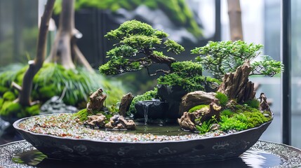 Ikebana featuring bonsai trees and miniature landscapes