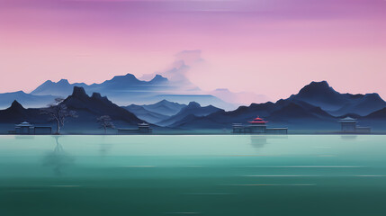 Traditional minimalist zen atmosphere scenery illustration background poster decorative painting