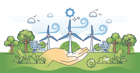 Renewable energy with solar panels and wind turbines outline hands concept. Sustainable, environmental and nature friendly solution for electricity production from eco resources vector illustration.