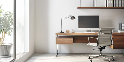 Fototapeta premium Minimalist Home Office: Design a minimalist home office space with a streamlined desk, ergonomic chair