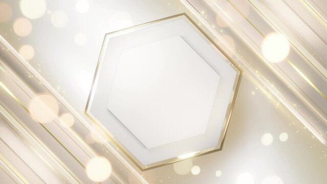 Luxurious abstract background featuring a hexagonal frame with gold accents, sparkling particles, and soft light effects on a white backdrop.