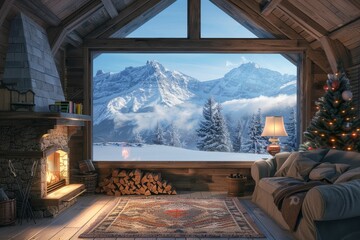 A cozy cabin with a fireplace and a large window overlooking a snowy mountain generated by AI