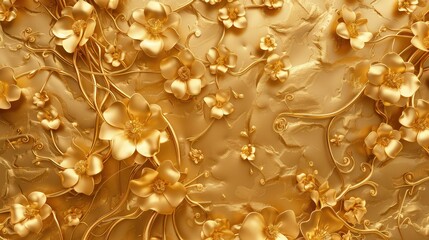 An ornate abstract gold floral texture featuring intertwined vines and blooming flowers, forming an opulent and harmonious pattern.