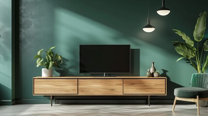 Living Room with Wood TV Cabinet against Dark Green Wall - 3D Rendering