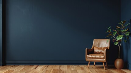 Modern Living Room Interior with Leather Armchair on Wood Flooring and Dark Blue Wall - 3D Rendering
