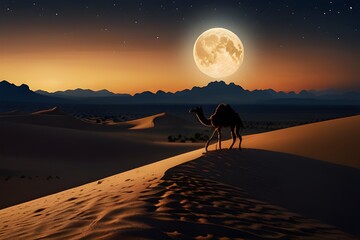 Desert night landscape with camel