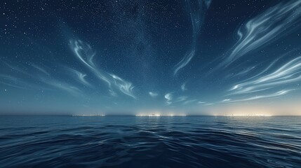 Obraz premium The sea under a starlit sky with wispy clouds reflecting the glow of the distant city lights on the horizon.
