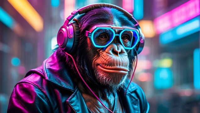 futuristic and technologically a chimpanzee in a neon cyberpunk mirror sunglasses headphones natural and the artificial