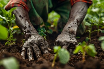 Weathered Hands of a Subsistence Farmer Tending to Crops in a Candid Workplace Setting with Professional Grade