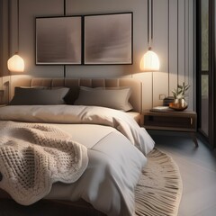 Overhead shot of a cozy bedroom with a knitted blanket and pillows2