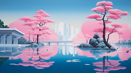 pink and blue style atmospheric landscape illustration abstract background decorative painting