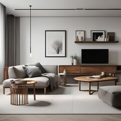 Modern minimalist living room with white walls and wooden furniture1