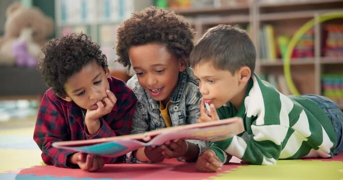 Children, book and bonding on floor at school, learning and literacy knowledge or mind development. Boys, kids and storytelling for education, english and literature information on mat for language