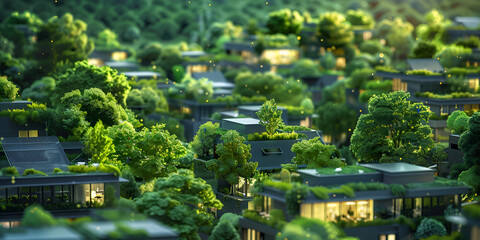 Sustainable green energy city with urban ecology concept Modern business buildings covered with forest.