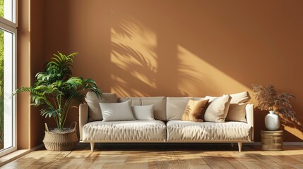 Bright and Cozy Modern Living Room with Sofa and Plant against Brown Wall - 3D Rendering