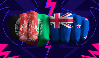 Afghanistan VS New Zealand T20 Cricket World Cup 2024 concept match template banner vector illustration design. Flags painted on hand with colorful background