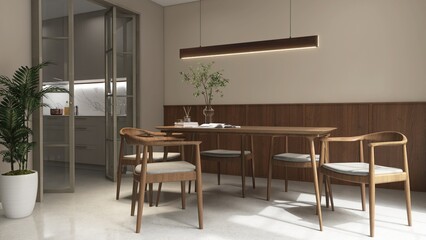 Modern, minimal brown wooden dining table, chairs, pendant light and tree in sunlight from window on luxury beige wall dining room by kitchen for interior design decoration, product background 3D