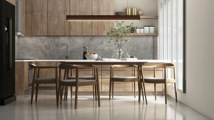 Modern, luxury kitchen with built in wooden cabinet, cupboard, white top island, pendant light and dining table, chairs in sunlight for cozy interior design decoration, product background 3D