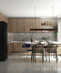Modern, luxury kitchen with built in wooden cabinet, cupboard, white top island, pendant light and dining table, chairs in sunlight for cozy interior design decoration, product background 3D