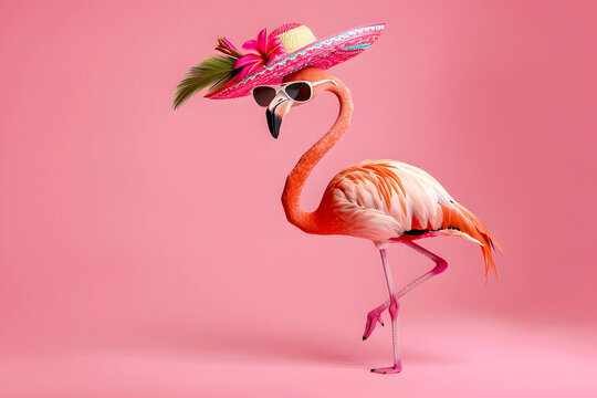 Funny cute flamingo bird in sunglasses and sombrero hat on summer color background.