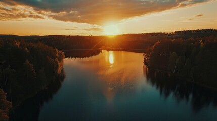 drone shot of Finland lake view, sunset, AI Generative