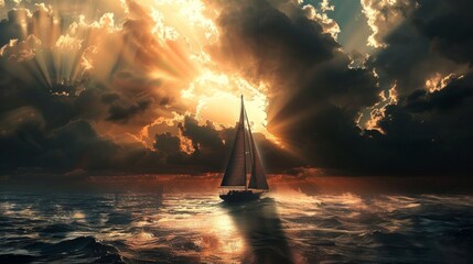 draw a sailing boat on the sea with dark skies. Only some sun rays come out that shines on the boat, AI Generative